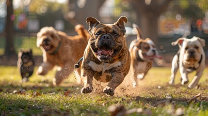 An overweight dog starting its fitness journey with a gentle walk in a lush green park, with motivational signs for Canine Fitness Month in the background, encouraging a healthy lifestyle for pets
