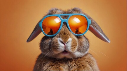 Cute hare in sunglasses isolated on a orange color background.