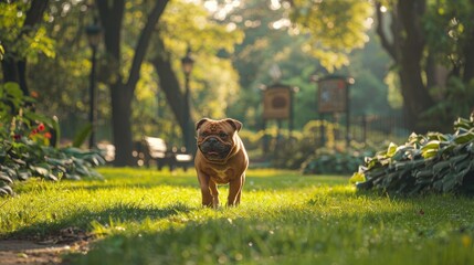 An overweight dog starting its fitness journey with a gentle walk in a lush green park, with...