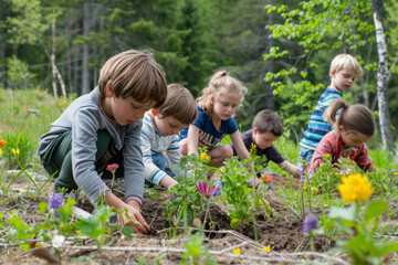 Children Planting in the Woods