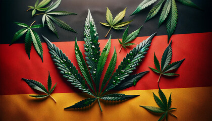 Cannabis leaves are gracefully scattered across the horizontal stripes of the German flag. Concept of legalization of cannabis in Germany. - obrazy, fototapety, plakaty