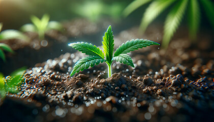 The early stage of cannabis leaf germination, when tender green shoots emerge from moist, fertile soil. Light that highlights the texture of leaves and soil.