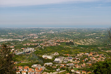 View from the top of San Marino castle towards the sea and over Rimini, Italy