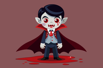 full-length, a boy in the dress of a swiss dracula with blood dripping out of his mouth, Vector art.