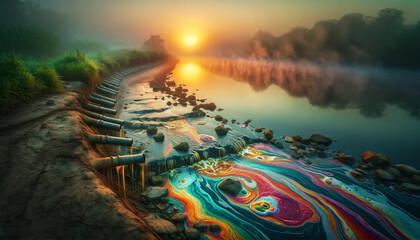 A picture of chemical waste flowing from many small outlets along the river bank. The waste merges with the river, creating a colorful sparkle on the water.