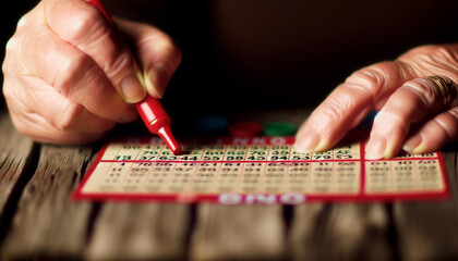 A view of the hands of a bingo player holding a nearly completed bingo card and a red marker ready to mark the next number. The card sits on a rustic wooden table with a small pile of colorful bingo c