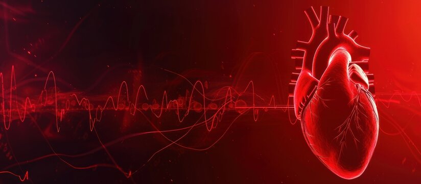 Wireframe red human heart with red cardio pulse line, cardiogram