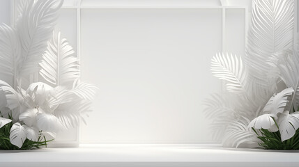 Fond d'un mur blanc en intérieur, avec plantes et reflet de lumière. Ambiance claire. Arrière-plan pour conception et création graphique.	