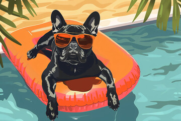 a dog on an inflatable raft in a pool - obrazy, fototapety, plakaty