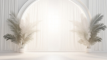 Fond d'un mur blanc en intérieur, avec plantes et reflet de lumière. Ambiance claire. Arrière-plan pour conception et création graphique.	 - obrazy, fototapety, plakaty