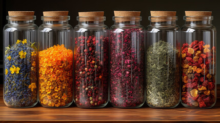 Collection Of Botanical Ingredients In Jars For Gourmet Infusions - obrazy, fototapety, plakaty