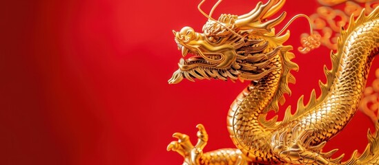Golden chinese dragon on red background, copy space background, Happy chinese new year