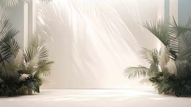 Fond d'un mur blanc en int&eacute;rieur, avec plantes et reflet de lumi&egrave;re. Ambiance claire. Arri&egrave;re-plan pour conception et cr&eacute;ation graphique.	