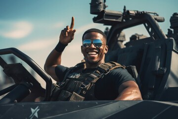 Man in Sunglasses Sitting in Military Vehicle Generative AI - obrazy, fototapety, plakaty