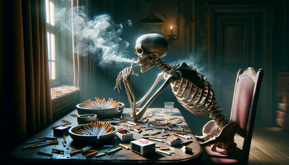 Human skeleton sitting at a wooden table. The skeleton has several cigarettes clenched between its teeth, the smoke billowing upward. The table is littered with ashtrays filled with cigarette butts an