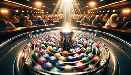 Bingo setup on a wooden table, with a clear focus on colorful bingo balls in a metal cage. The warm atmosphere of a community hall. - obrazy, fototapety, plakaty