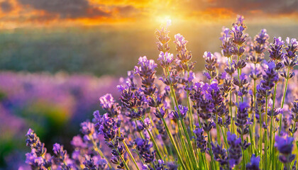Close-up of field of lavender flowers with sunset. Beautiful nature. Spring season. - obrazy, fototapety, plakaty