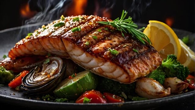 Smoked Seafood Symphony Grilled Fish with Veggie Fea. food