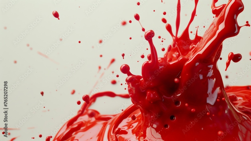 Poster a dynamic splash of red paint frozen in motion against a white background, creating an abstract and 