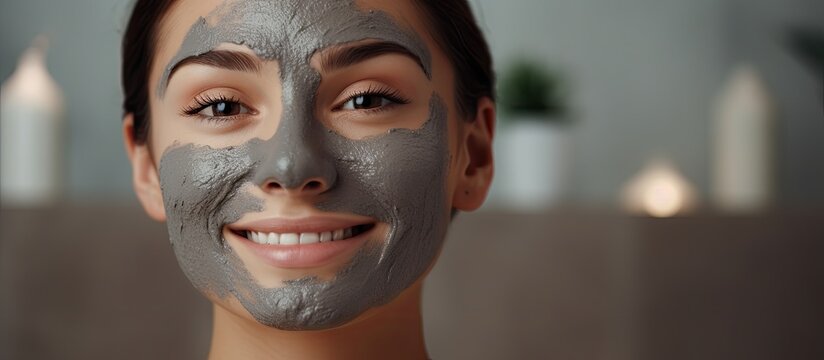 An image of a woman wearing a facial mask smiling directly at the camera