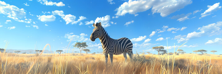 Fototapeta na wymiar Black and White Stripes in the Wild: Solitary Zebra in the Wide Open Savannah against a Vivid Blue Sky