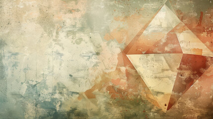 A vintage grunge-style background with abstract triangle shapes in orange and beige tones.