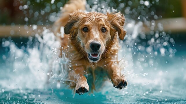 A dog performing dock jumping at a Canine Fitness Month event, splashing into a large pool, to highlight dynamic and entertaining forms of exercise for all dog breeds