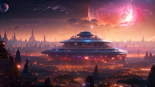 Fantasy alien planet. 3D rendering. Elements of this image furnished by NASA, An alien ringworld at Twilight showcasing ancient architectures, AI Generated