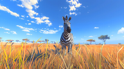 Black and White Stripes in the Wild: Solitary Zebra in the Wide Open Savannah against a Vivid Blue...