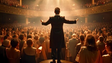 Rear view of a man standing in front of a crowd in a theater, Beautiful girl on the background of the concert hall, An opera singer full rear view singing in front of large audience, AI Generated