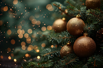 Christmas tree with golden balls on the green tree and the background being like snow from the story