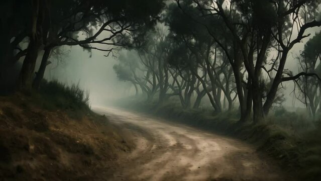 Dirt road in the misty forest. Toned image. An early morning elevated shot of a dirt road winding through overgrown brush, AI Generated