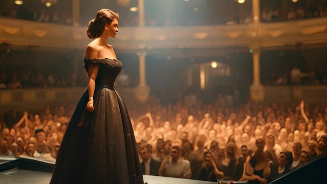 Flamenco dancer in the auditorium of the theater. Beautiful girl on the background of the concert hall, An opera singer full rear view singing in front of large audience, AI Generated
