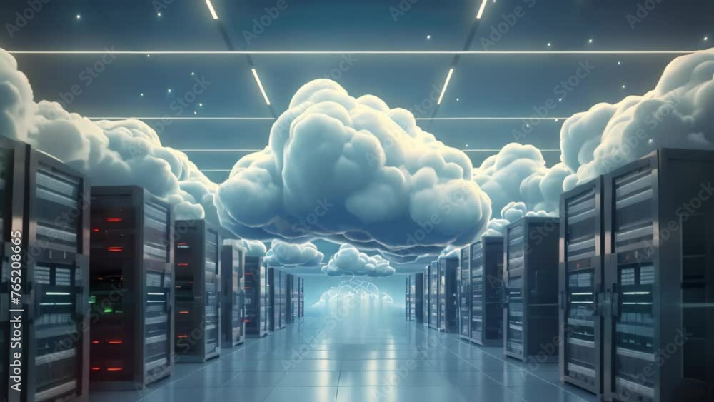 Poster cloud computing concept with servers in data center 3d rendering toned image, backup cloud data serv