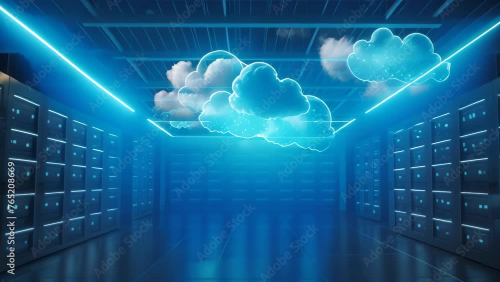 Poster cloud computing concept with server room and blue glowing lights 3d rendering, backup cloud data ser