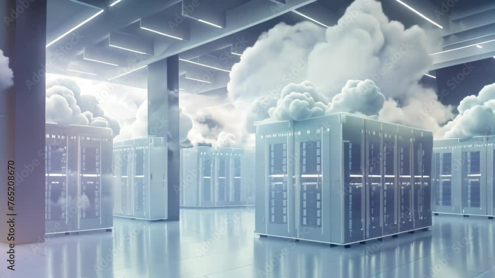 Poster clouds in the server room, 3d render. cloud computing concept, backup cloud data service center. 3d 