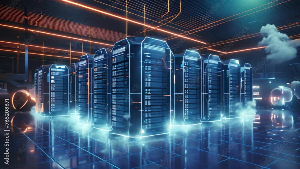 Poster server room data center with glowing lights 3d rendering toned image, backup cloud data service cent