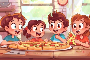 illustration cartoon ,group of friends smiling eating pizza
