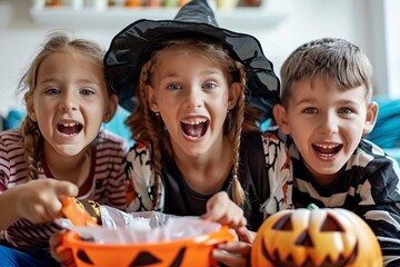 group of children in costumes on halloween handing out candy