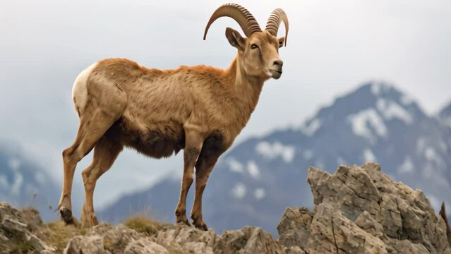Barbary sheep Ovis orientalis standing on a rock. Barbary sheep Capra ibex on the slope of a mountain, AI Generated