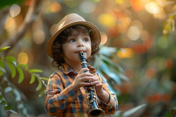little boy playing playing a trumpet