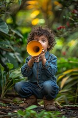 little boy playing playing a trumpet