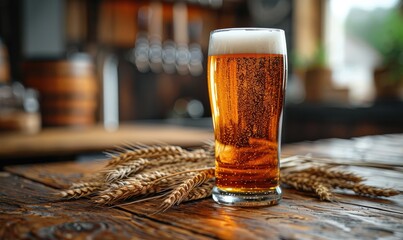 Frothy fresh beer glass with wheat stalks on a rustic wooden table - obrazy, fototapety, plakaty