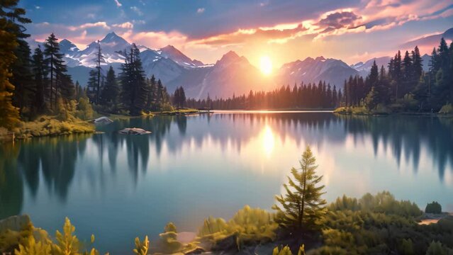 Sunset at the lake in Banff National Park, Alberta, Canada, Beautiful lake landscape view with green trees, mountains, and sunset, AI Generated