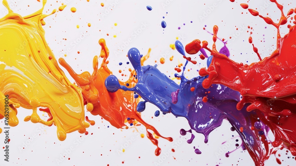 Aufkleber yellow, blue, and red paint arcs collide and merge, creating a vivid and dynamic mix of colors in an