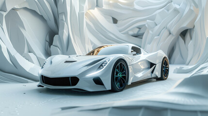 A modern car paper cut pictures, realistic textures, playful chaos, vray tracing, white, digitally enhanced