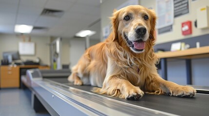 A dog undergoing a supervised treadmill session in a veterinary clinic, with Canine Fitness Month educational posters, emphasizing the role of professional guidance in pet fitness