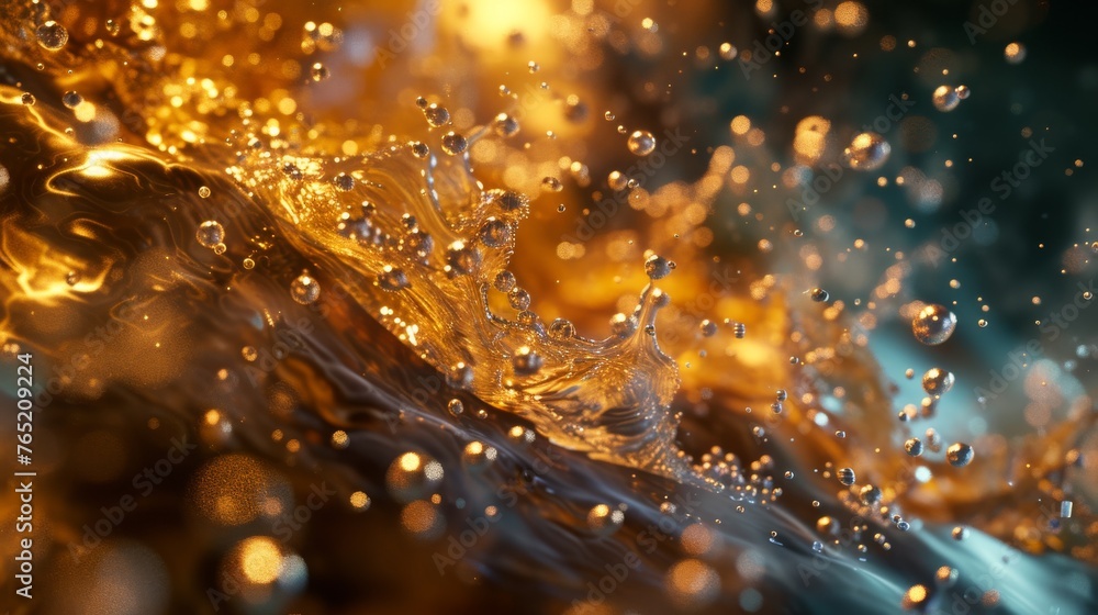 Poster a dynamic close-up of golden liquid in mid-splash, capturing droplets in sharp detail against a dark