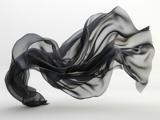 The image is a 3D render of a abstract design of a black flowing fabric or smoke on a white background.