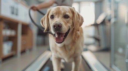 A dog undergoing a supervised treadmill session in a veterinary clinic, with Canine Fitness Month educational posters, emphasizing the role of professional guidance in pet fitness